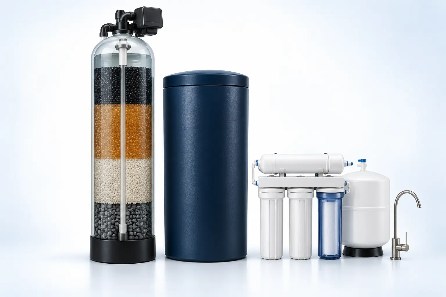 Illustrated cutaway showing carbon, ion-exchange resin, support media, gravel and an under-sink reverse-osmosis system