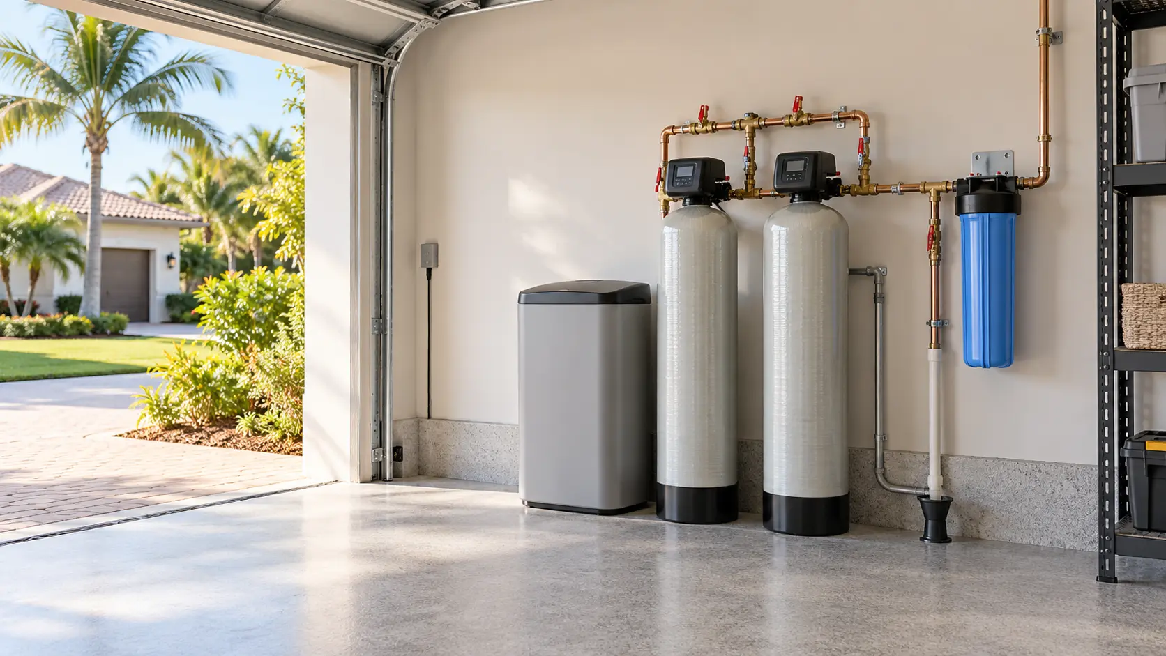 Modern whole-home water filtration and softening equipment installed in a clean residential garage