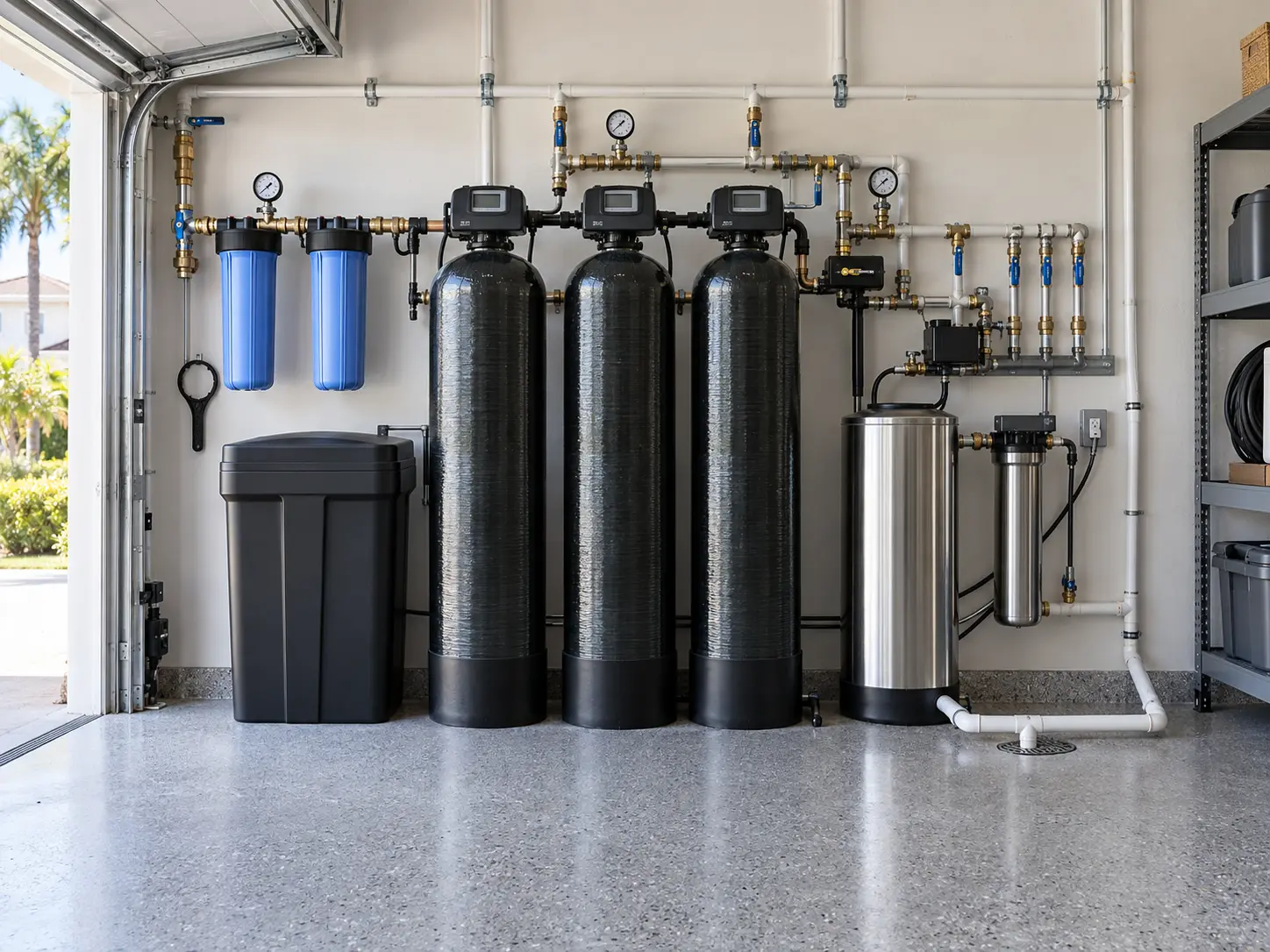 High-capacity multi-stage residential water-treatment equipment in a garage