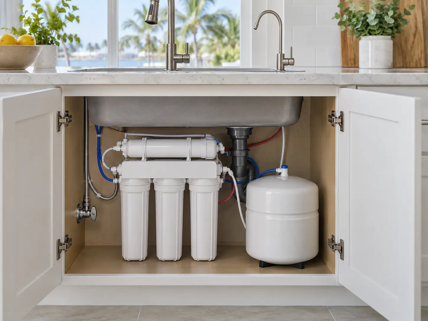 Under-sink reverse osmosis drinking-water system in a bright Florida kitchen