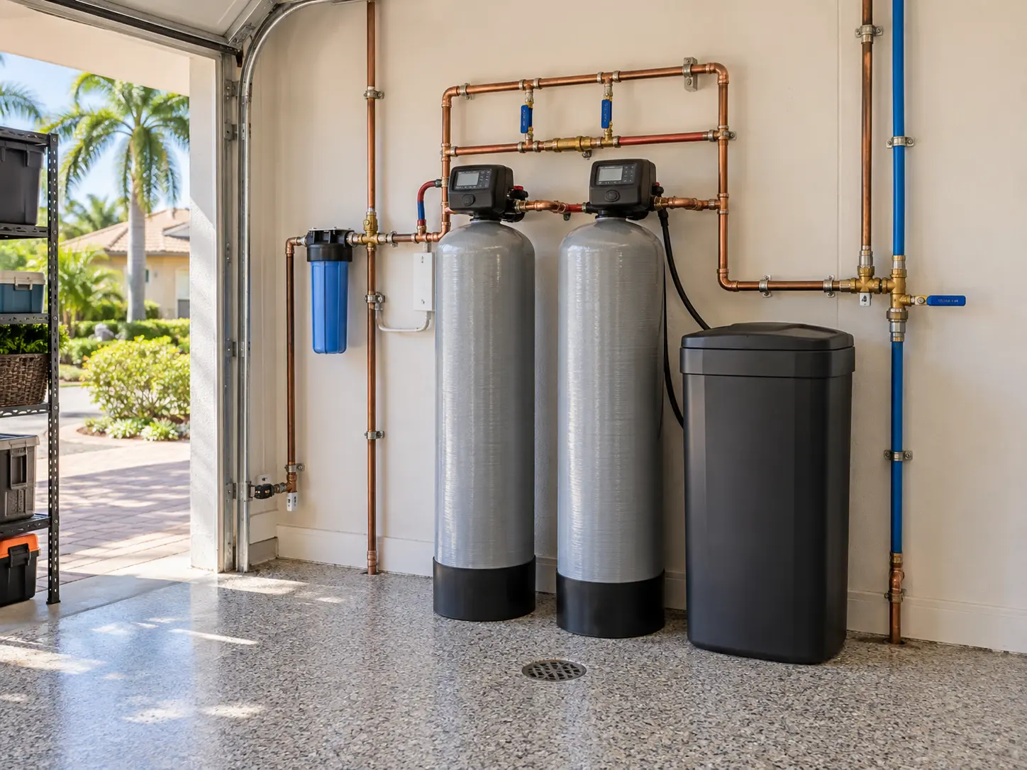 Two-tank whole-home filtration and softening equipment in a residential garage