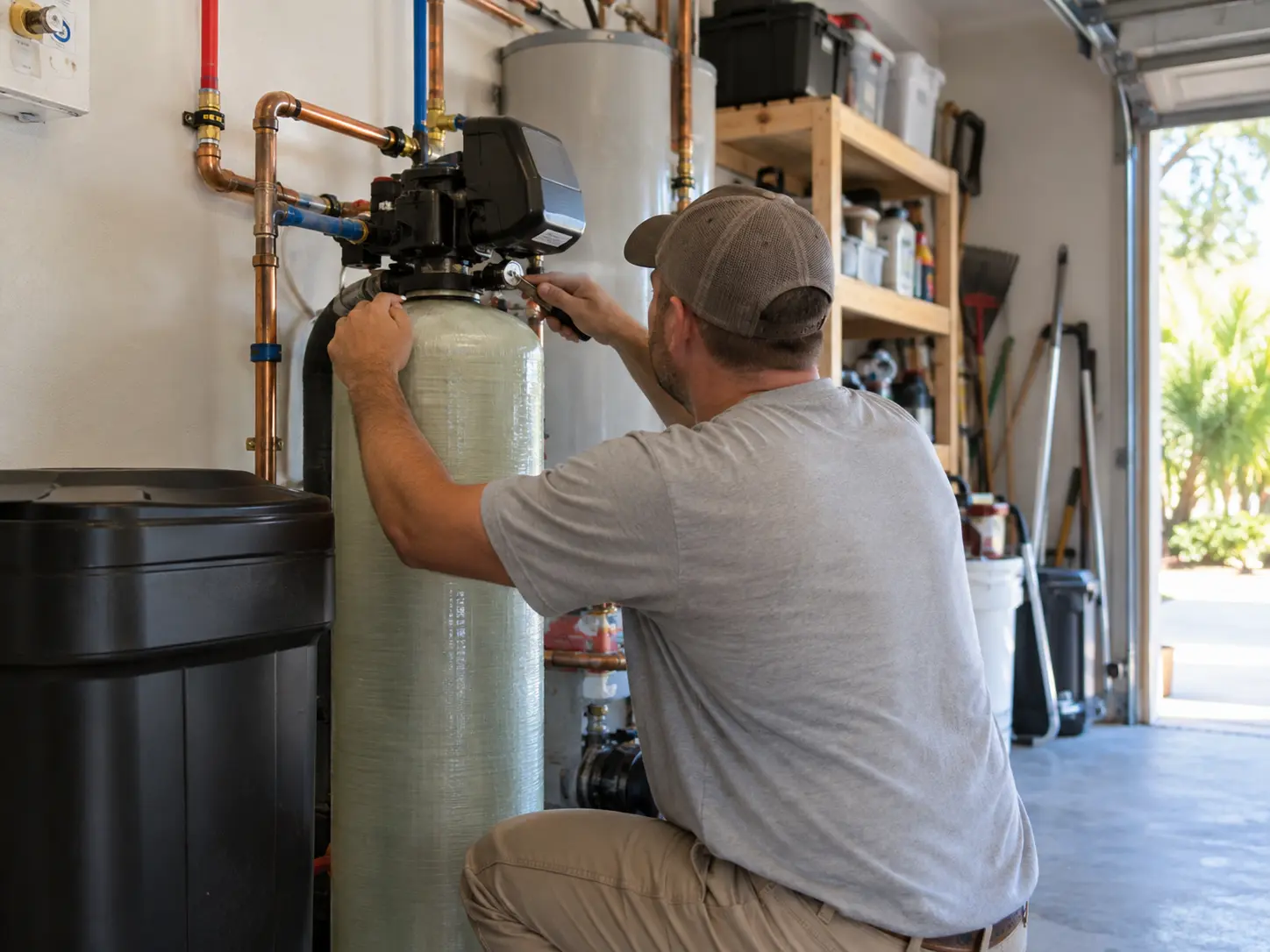 Water treatment technician servicing filtration tanks in a residential garage